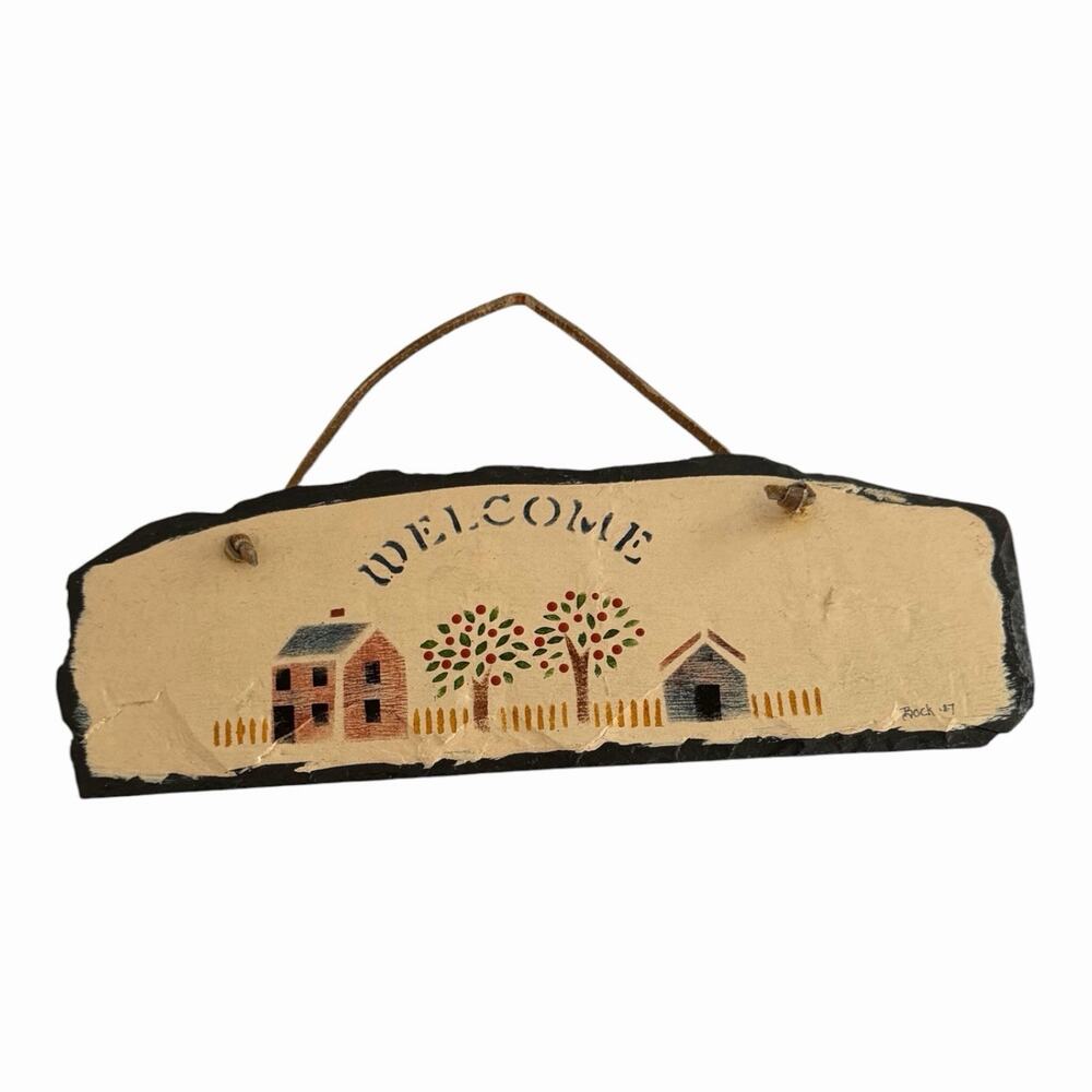 Vintage Slate Welcome Signed Hand Painted Folk Art Houses Trees Fence Hanging